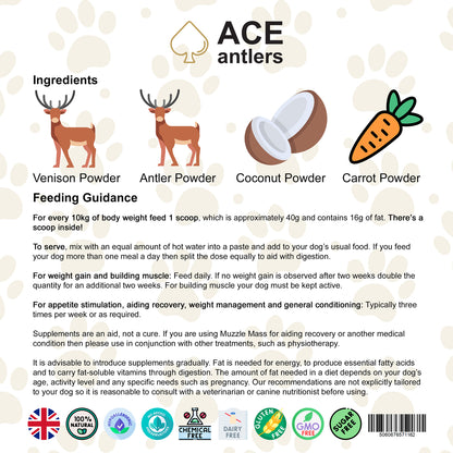 ace antlers muzzle mass weight gainer for dogs feeding instructions